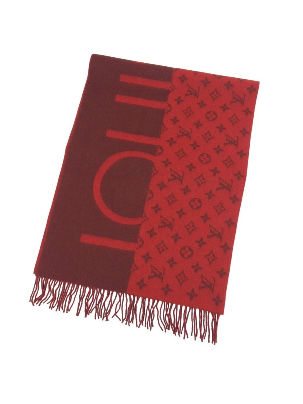 Louis Vuitton Echelpe Monogram Split Cashmere 100% Fringe Scarf Red